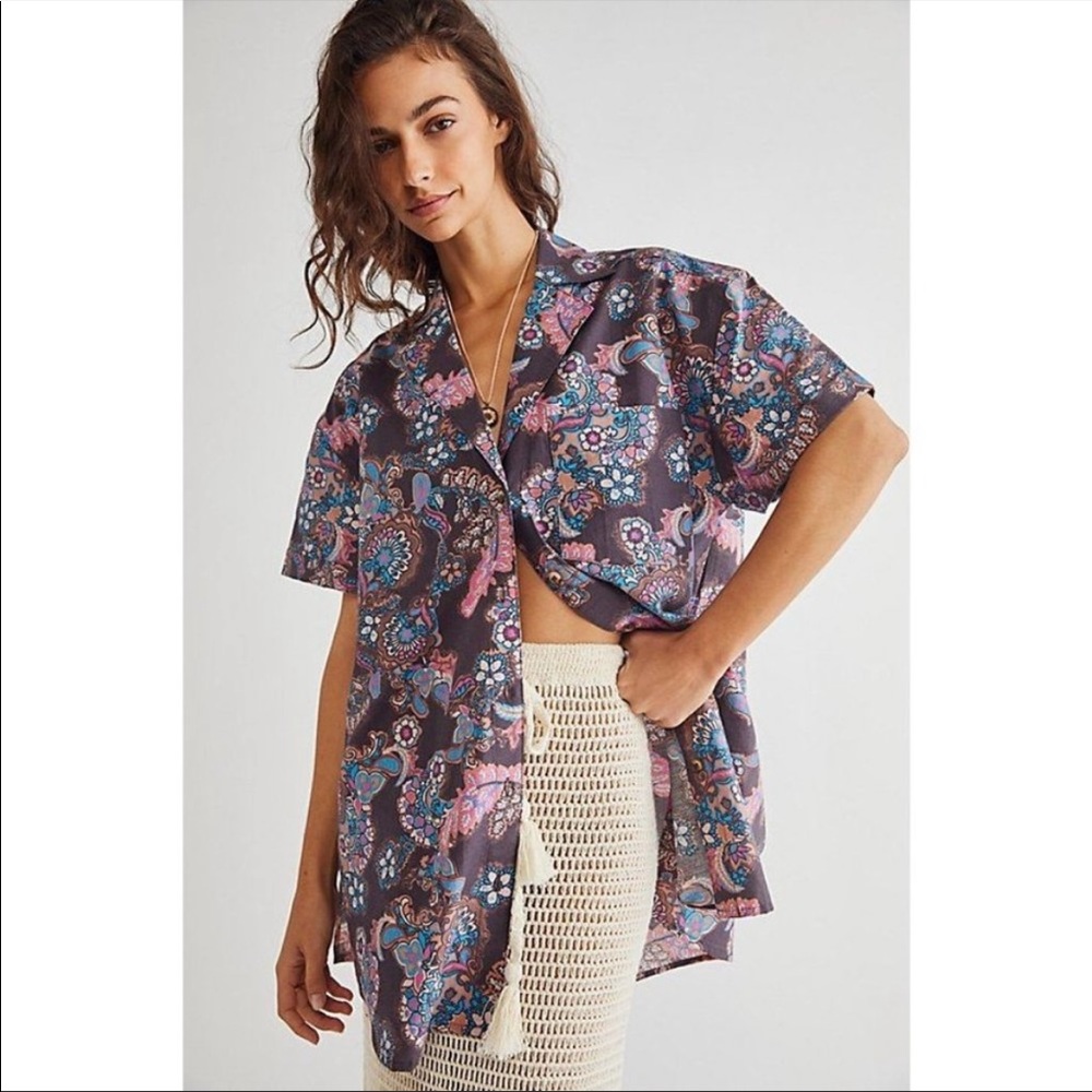 NEW Free People Poolside Printed Retro Boyfriend Shirt XS BNWOT
